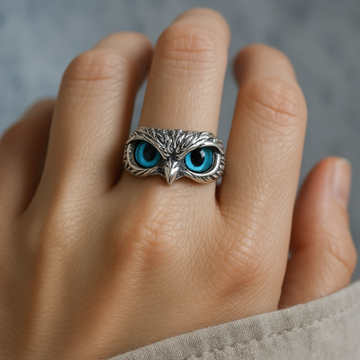 Owl of Good Luck Adjustable Ring in Silver and Opal