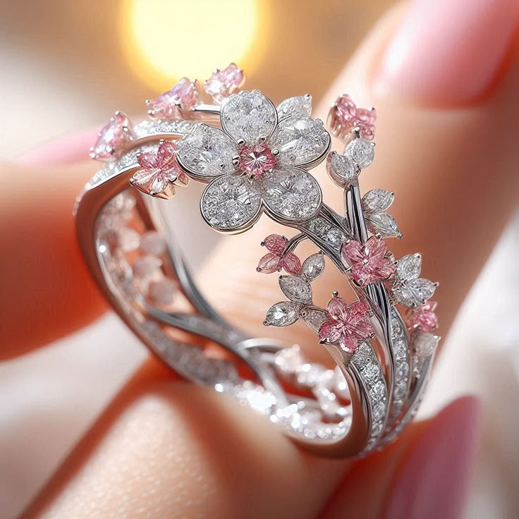 Exotic White Pink Floral Ring